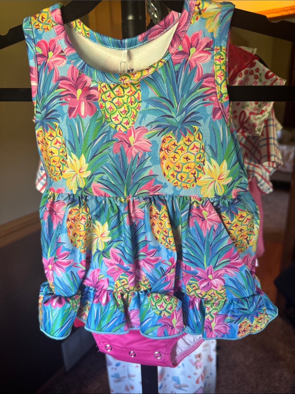Tropical Pineapple Ruffle Tank Bodysuit for Kids - Pink & Blue